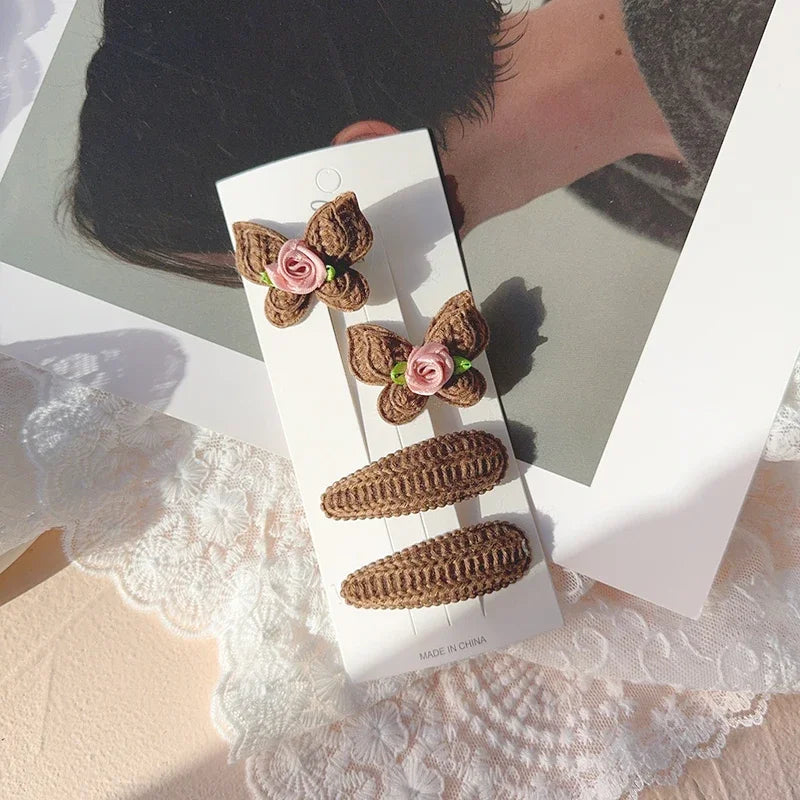 4pcs Sweet and Cute Children's Hair Clip Wool Knitting Headwear Handmade Crochet Butterfly Alloy Children Hairpins Wholesale