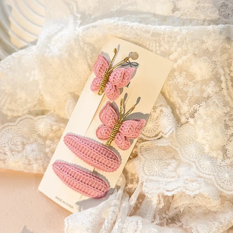 4pcs Sweet and Cute Children's Hair Clip Wool Knitting Headwear Handmade Crochet Butterfly Alloy Children Hairpins Wholesale