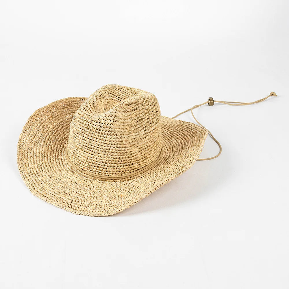 USPOP Hand-crocheted Natural Raffia Straw Cowboy Hat for Women Men Summer Wide Brim Sun Hat Outdoor Breathable Beach Caps