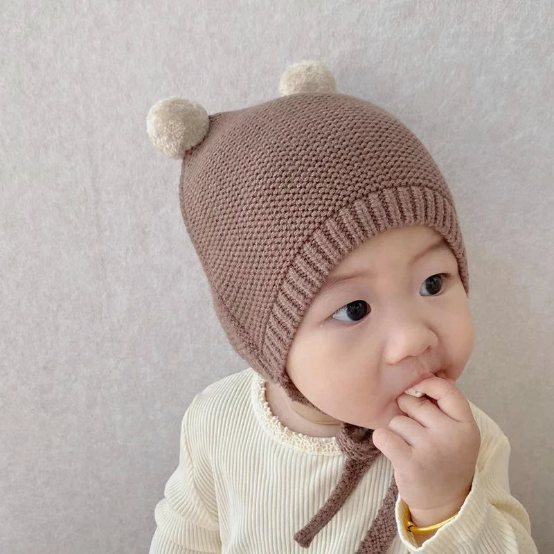 Korean Baby Ear Protection Hat Winter Warm Toddler Knitted Hat 2-24 Months Infant Woolen Crochet Bonnet Double Ball Kids Beanie