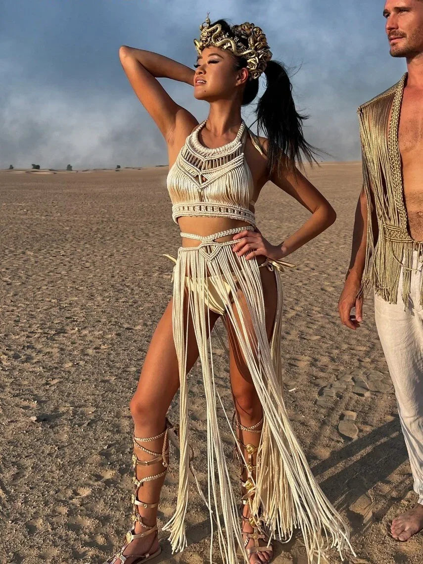 Handmade Knitted Crochet Women Cover Ups Off Shoulder Solid Tassel Crop Top Long Maxi Skirts Set 2025 Summer Beach Bathing Suit