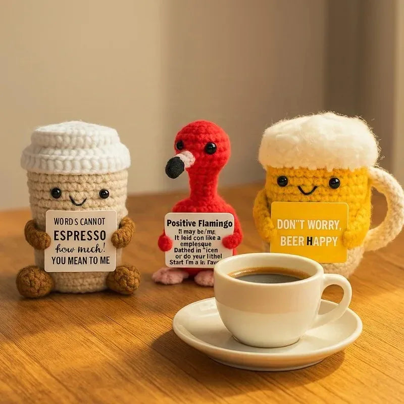 Funny Handmade Crochet Coffee Mug Figure With Card Cute Desktop Ornament Knitted Holiday Gifts Home Office Decor