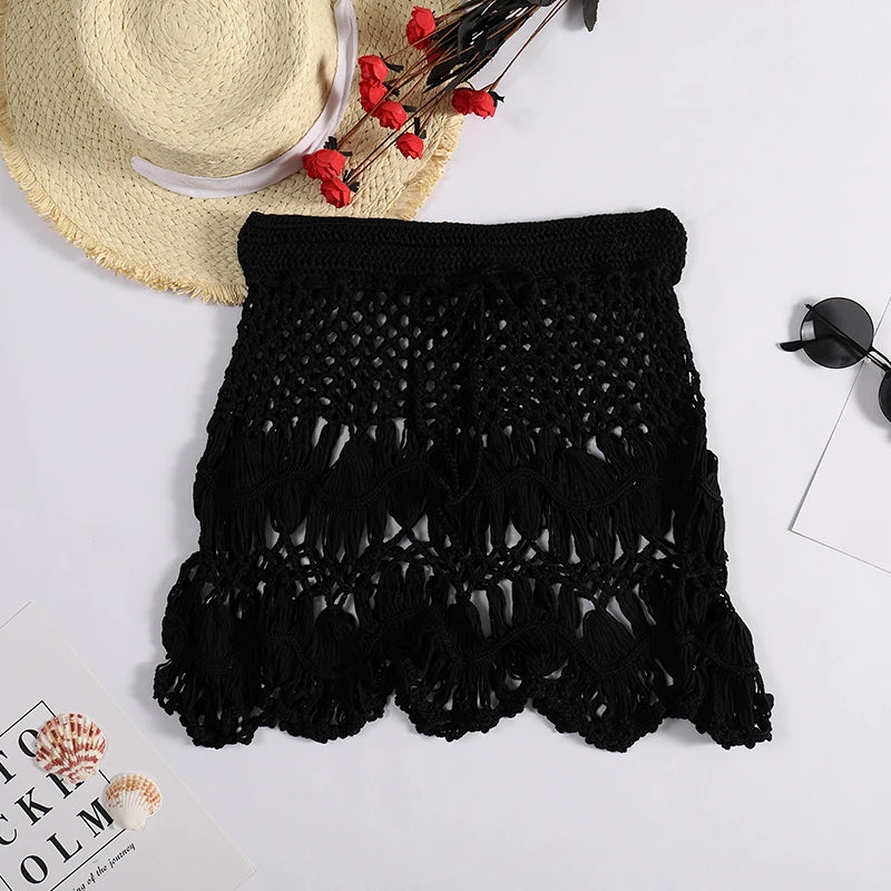 Handmade Crochet Hollow Out Swimwear Cover Up Solid Color Drawstring Short Skirt Women Holiday Knitting Sweet Beachwear