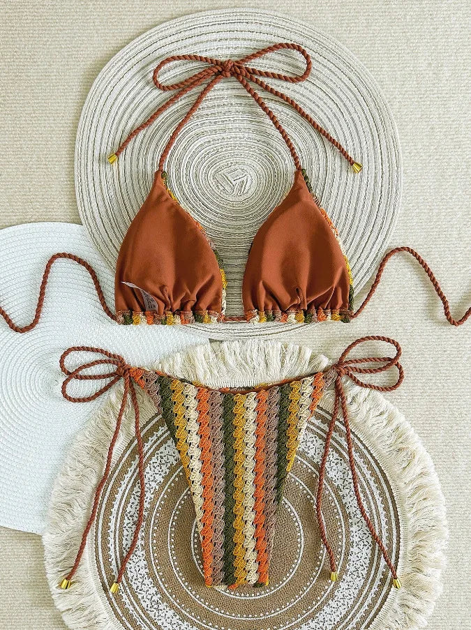 Para Praia Crochet Halter Bikini 2025 Knitted Bikini Women Swimwear Sexy Women Swimsuit Brazilian Biquini Bandage Bathing Suit