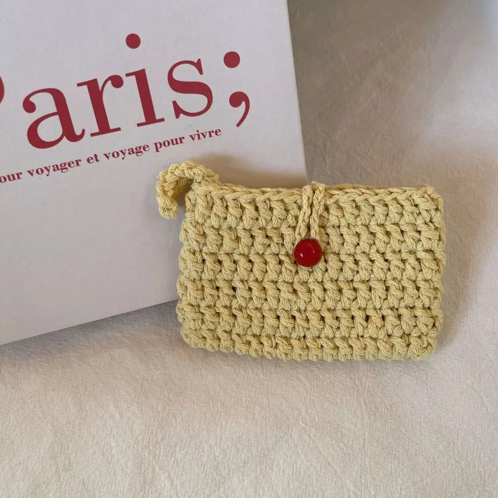 Ins Solid Color Weaving Card Bag Handmade Small Crochet Coin Purse Square Knitting Mini Handbags for Ladies/Girls