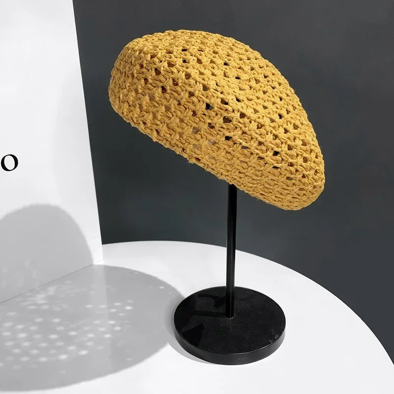Women Handmade Crochet Beret Cap Solid Color Hollow Out Sweet Floral Weave Lady Leisure Vintage Slouchy Painter Hat