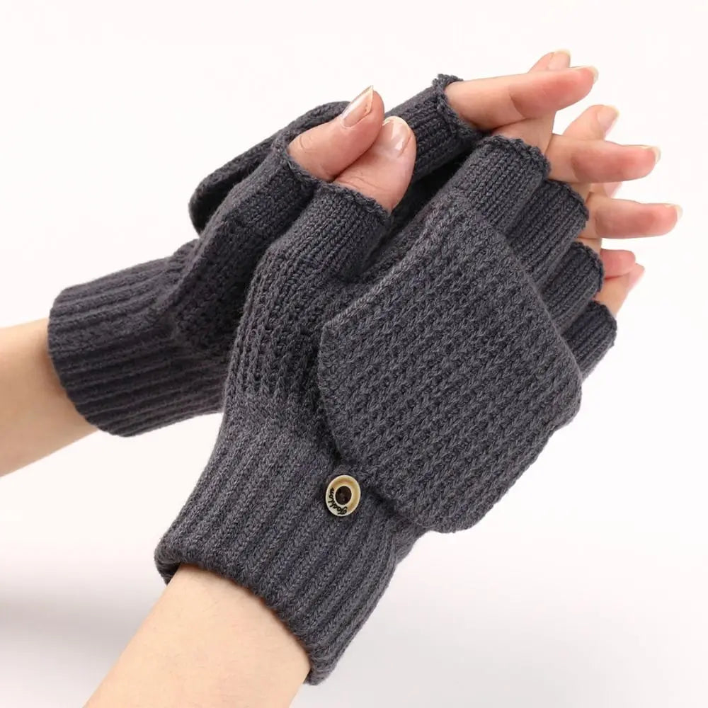 1 Pair Knitted Thicken Flip Cover Gloves Classic Solid Color Exposed Gloves Soft Crochet Fingerless Mittens Winter Warm Mittens