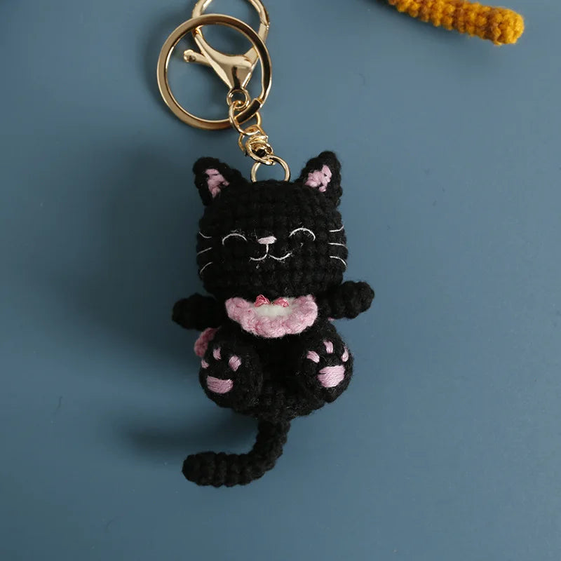 Cute Lucky Cat Doll Crochet Keyrings Handmake Kawaii Kitten Knitted Keyrings For Bag Pendant Crochet Kitten Keychain Wholesale