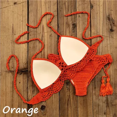 10 Color Hand Crochet Women Swimwear Sexy Crop Top Push up Bikini Set Beach Swimsuit Suit tassel Swim shorts