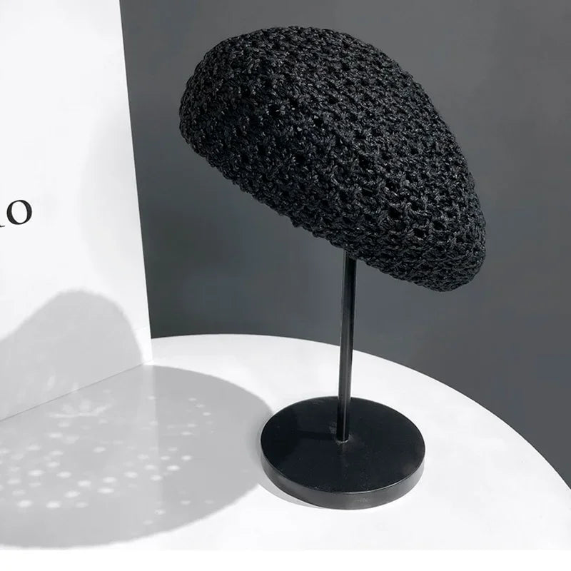Women Handmade Crochet Beret Cap Solid Color Hollow Out Sweet Floral Weave Lady Leisure Vintage Slouchy Painter Hat