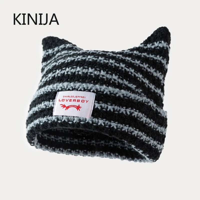 Y2K Handmade Stripe Knit Beanie Hat Cat Ears Cold Hat Winter Men Female Warm Crochet Hat Kawaii Designer