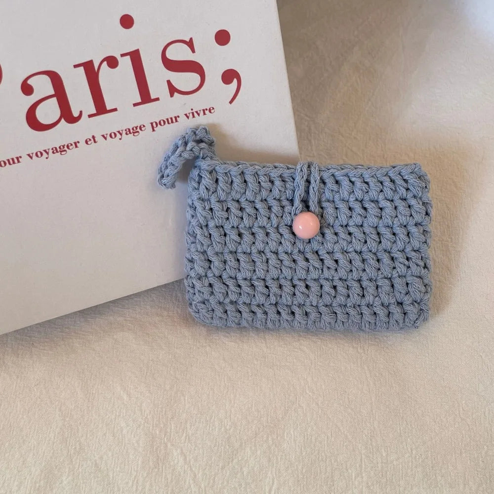 Ins Solid Color Weaving Card Bag Handmade Small Crochet Coin Purse Square Knitting Mini Handbags for Ladies/Girls