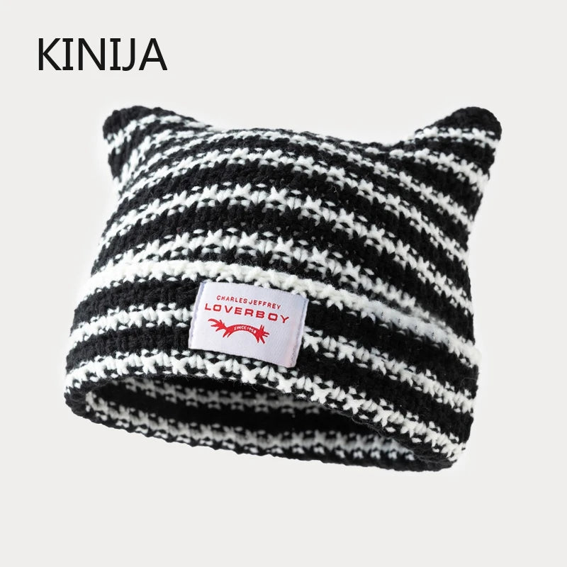 Y2K Handmade Stripe Knit Beanie Hat Cat Ears Cold Hat Winter Men Female Warm Crochet Hat Kawaii Designer