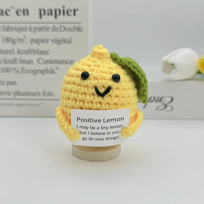 Funny Positive Crochet Sunshine Doll Desktop Ornament Handmade Cheer Emotional Support Positive Sun with Card Home Party Decor