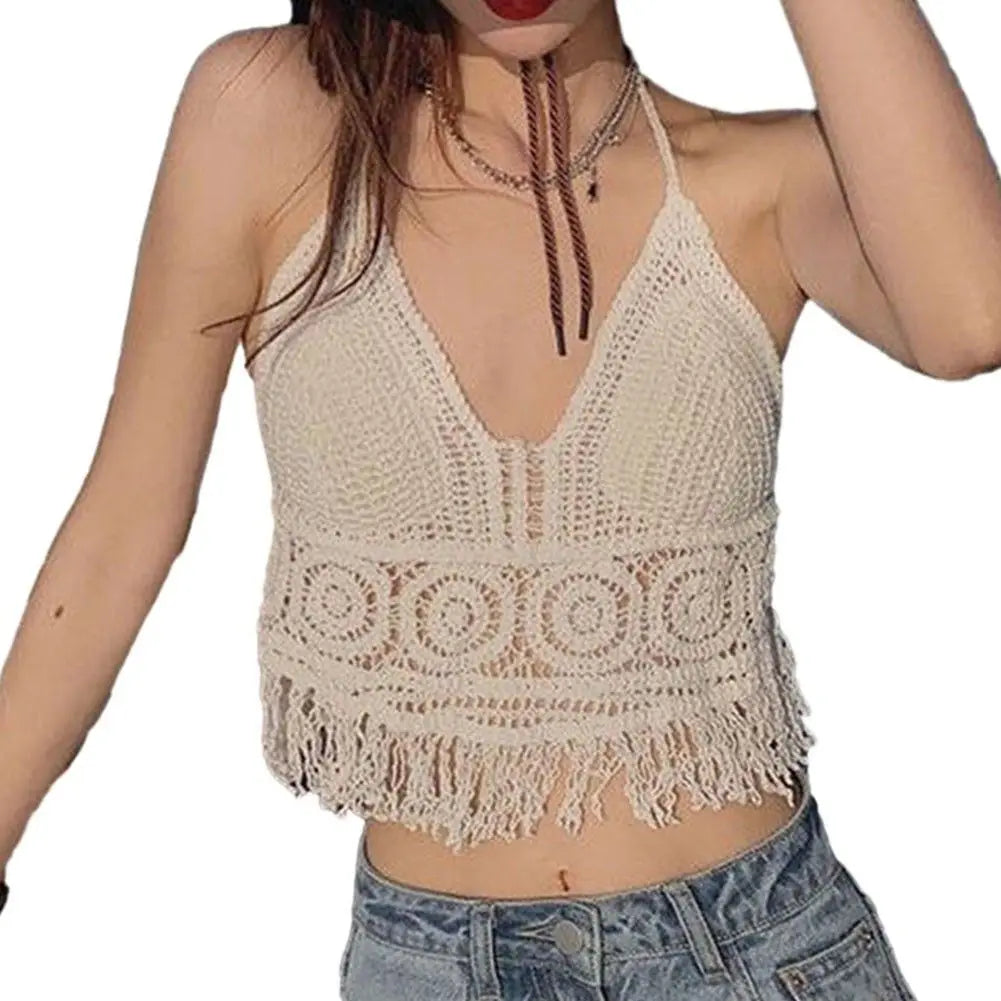 Women Crochet Halter Top Summer Beach Knit Crop Tank Fringe Boho Lace Up Backless Cami Blouse Festival Vacation Wear
