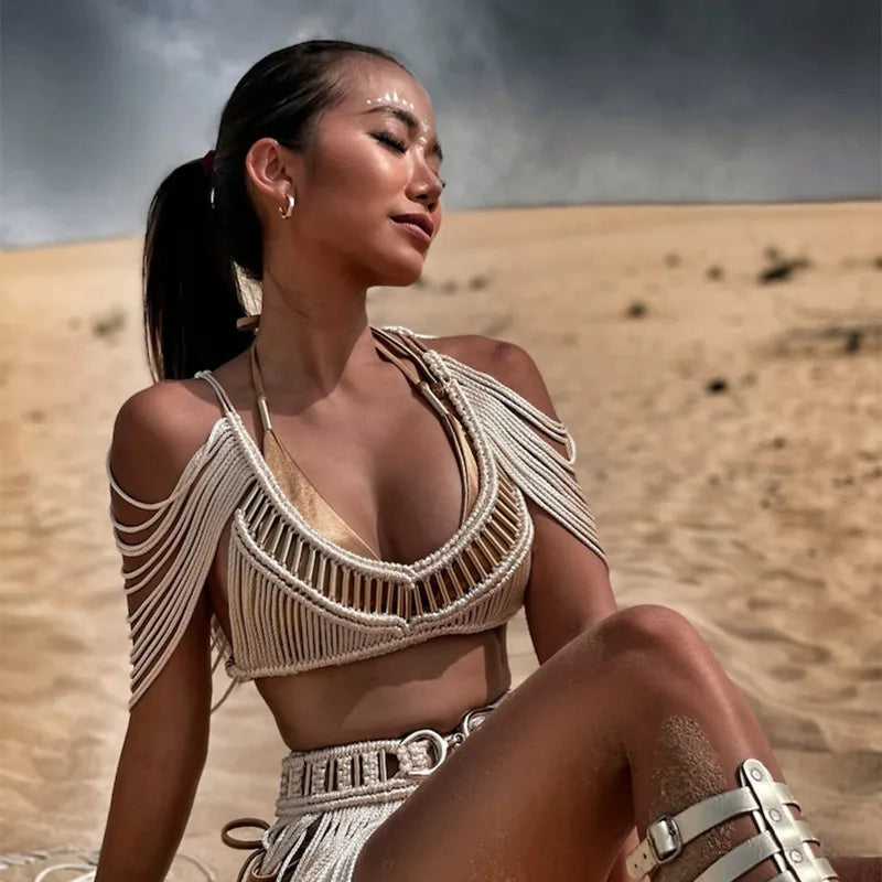 Handmade Knitted Crochet Women Cover Ups Off Shoulder Solid Tassel Crop Top Long Maxi Skirts Set 2024 Summer Beach Bathing Suit