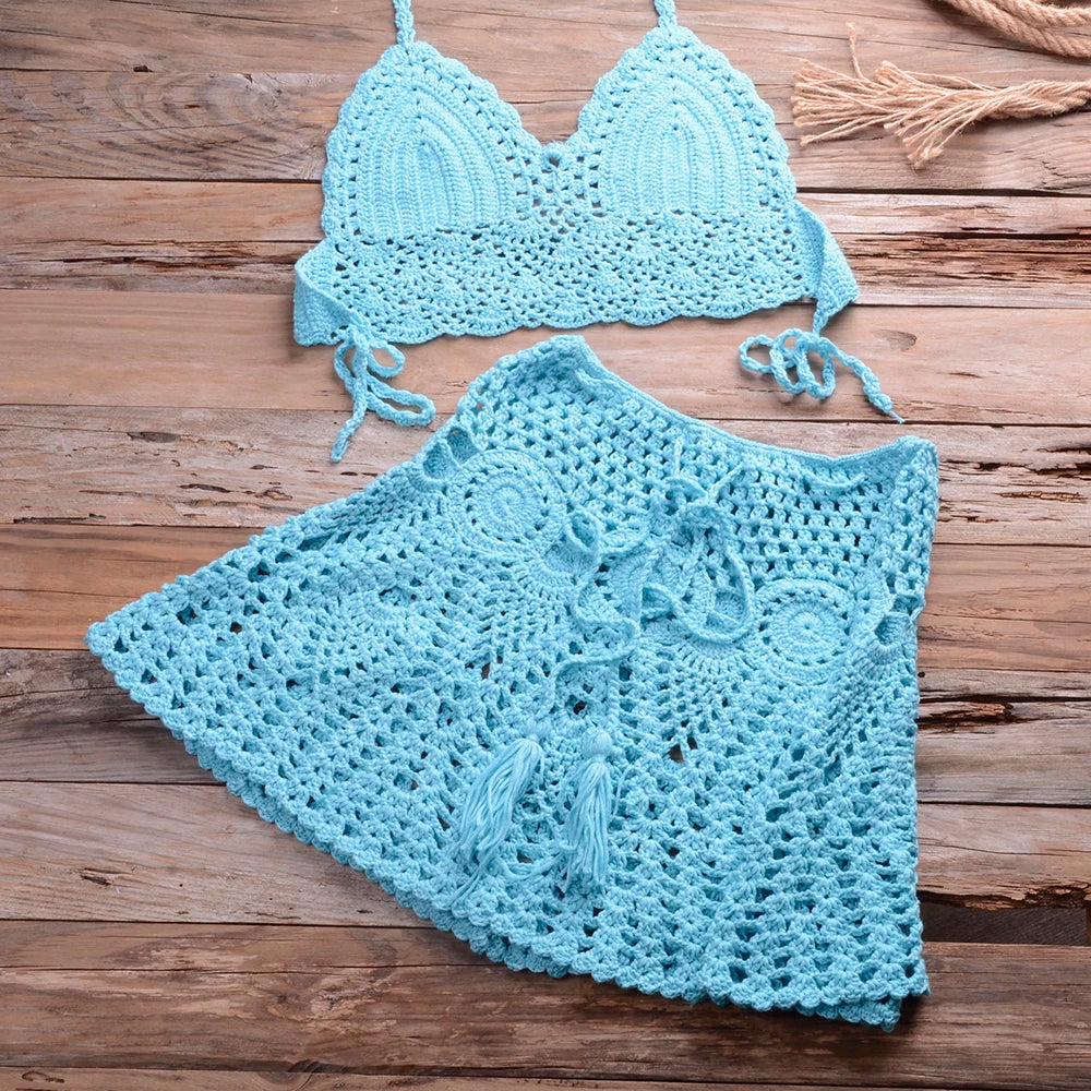 CROCHET BIKINI Two-piece Crochet Women Bikini Set Cover Up Swimsuit Swim Skirt Swimwear Bathing Swimdress Beachwear