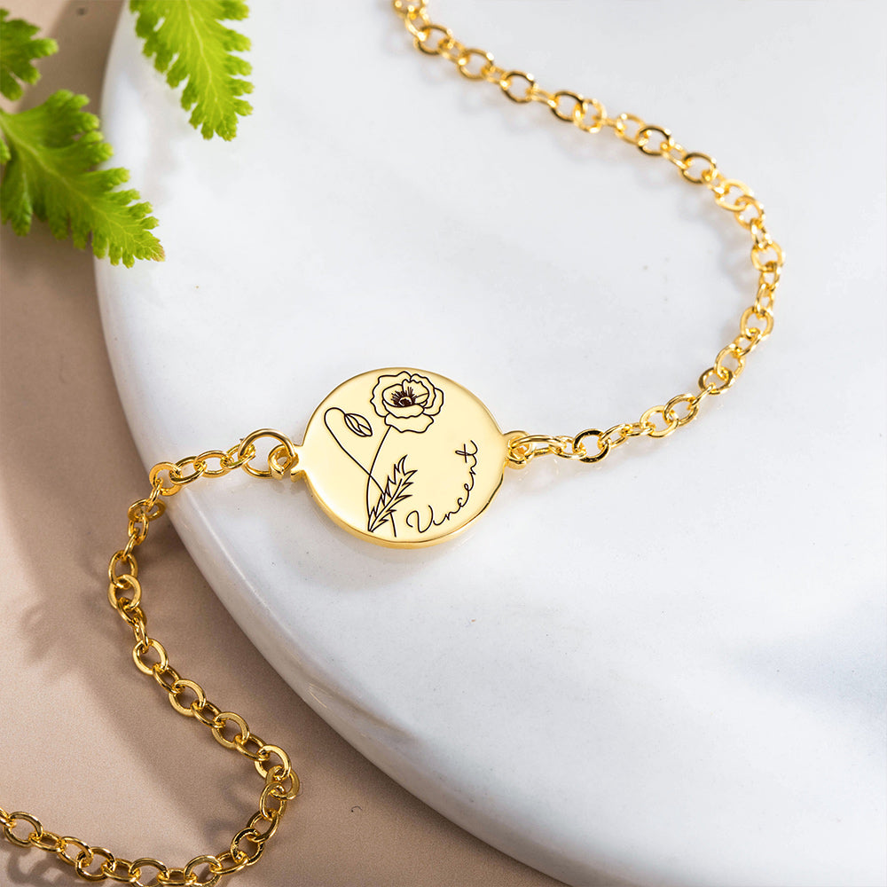 Brass Bracelet, Custom Name & Birth Flower Bracelet, Women's Jewelry, Mother's Day Gift, Birthday Gift for Her, Bridesmaid Gift