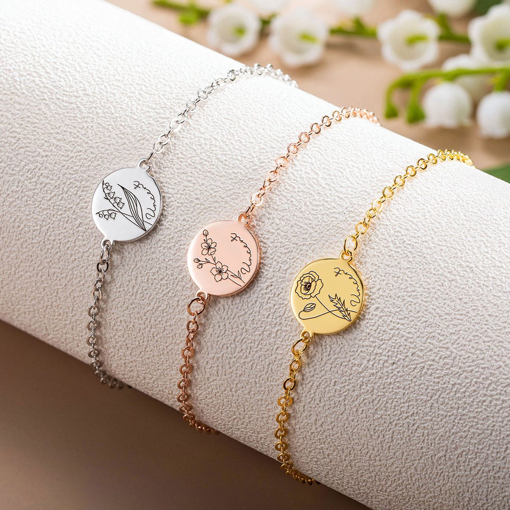 Brass Bracelet, Custom Name & Birth Flower Bracelet, Women's Jewelry, Mother's Day Gift, Birthday Gift for Her, Bridesmaid Gift