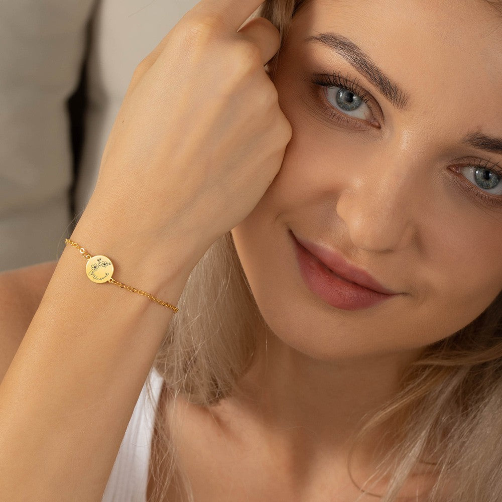 Brass Bracelet, Custom Name & Birth Flower Bracelet, Women's Jewelry, Mother's Day Gift, Birthday Gift for Her, Bridesmaid Gift