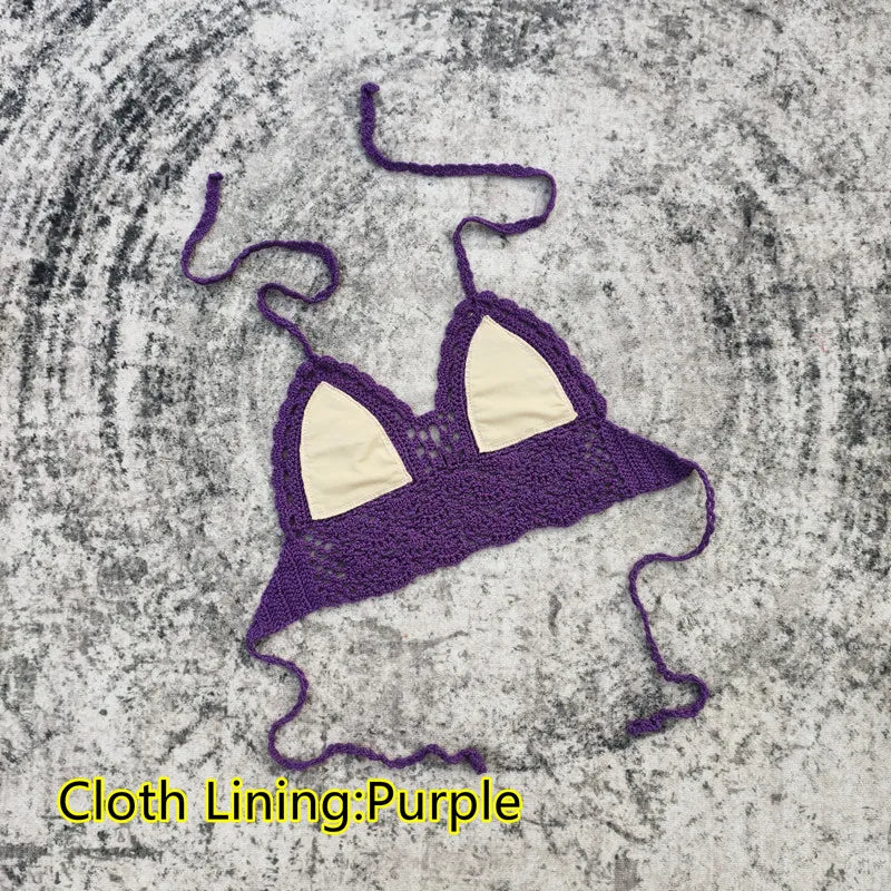 Handmade Crochet Lace Knit Bra Boho Beach Bikini Cami Tank Crop Top Halter