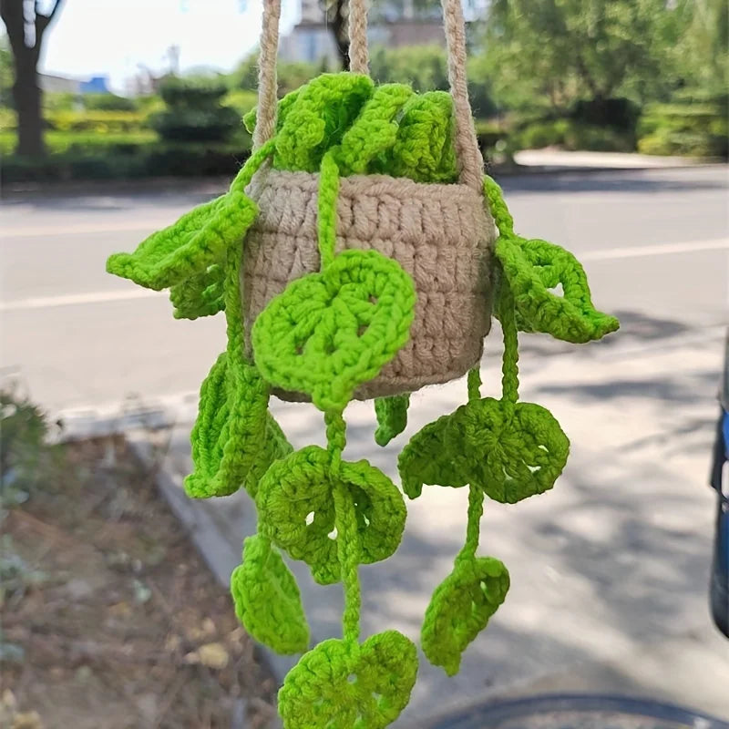 Car Mirror Hanging Accessory Handmade Knitted Cute Crochet Potted Plant Rear View Decor Car Interior Accessories