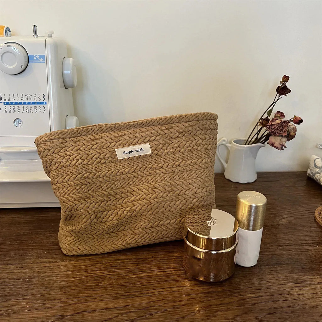 Handwoven Cotton Makeup Bag – Artistic Crochet Cosmetic Pouch with Zipper, Minimalist Clutch for Women