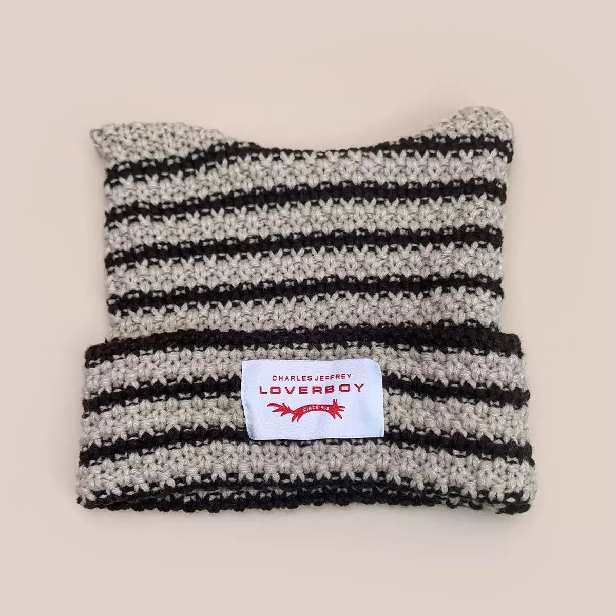 Y2K Handmade Stripe Knit Beanie Hat Cat Ears Cold Hat Winter Men Female Warm Crochet Hat Kawaii Designer