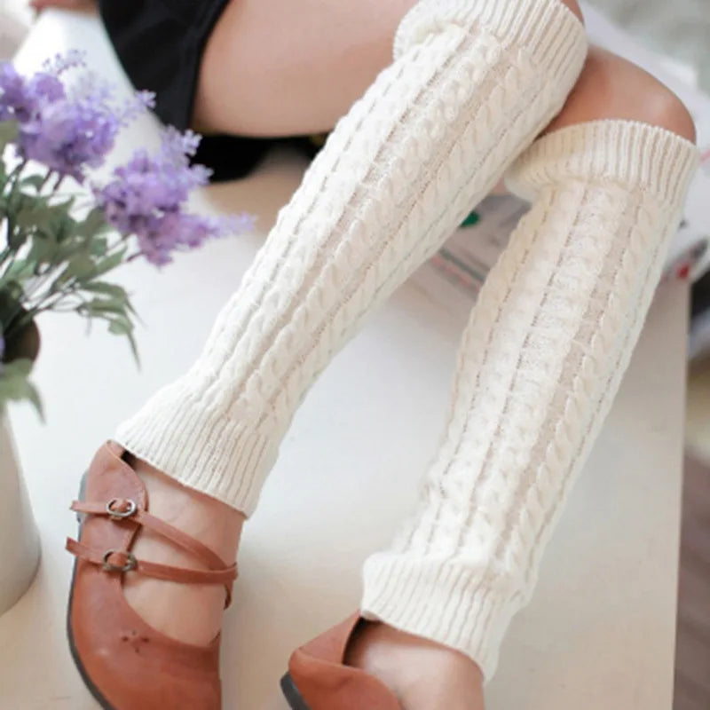 Women's Leg Warmer Lolita Long Socks Knitted Keep Warm Foot Cover Ladies Autumn Winter Black White Twist Crochet Socks Boot Cuff