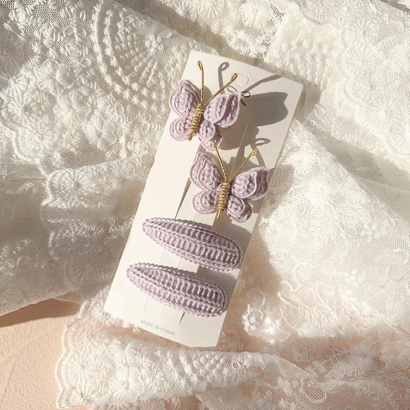 4pcs Sweet and Cute Children's Hair Clip Wool Knitting Headwear Handmade Crochet Butterfly Alloy Children Hairpins Wholesale