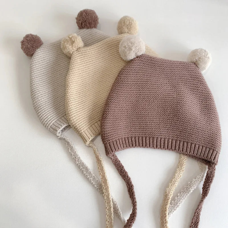 Korean Baby Ear Protection Hat Winter Warm Toddler Knitted Hat 2-24 Months Infant Woolen Crochet Bonnet Double Ball Kids Beanie