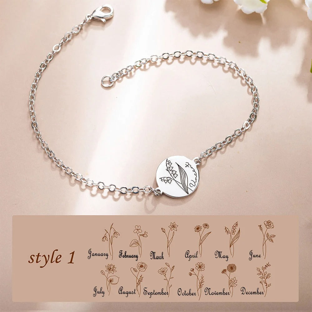 Brass Bracelet, Custom Name & Birth Flower Bracelet, Women's Jewelry, Mother's Day Gift, Birthday Gift for Her, Bridesmaid Gift