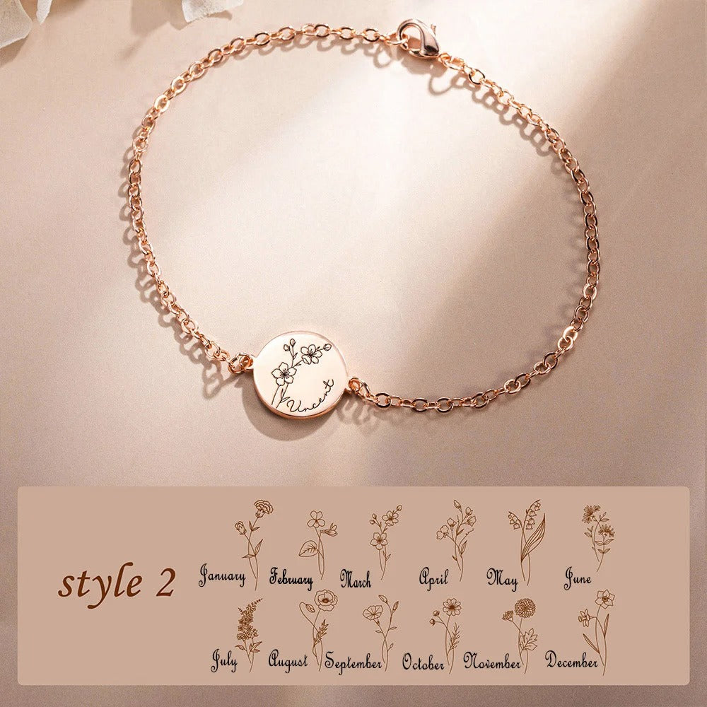 Brass Bracelet, Custom Name & Birth Flower Bracelet, Women's Jewelry, Mother's Day Gift, Birthday Gift for Her, Bridesmaid Gift