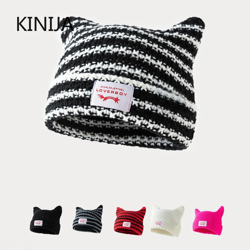 Y2K Handmade Stripe Knit Beanie Hat Cat Ears Cold Hat Winter Men Female Warm Crochet Hat Kawaii Designer