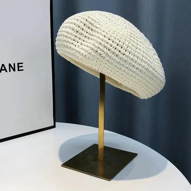 Women Handmade Crochet Beret Cap Solid Color Hollow Out Sweet Floral Weave Lady Leisure Vintage Slouchy Painter Hat