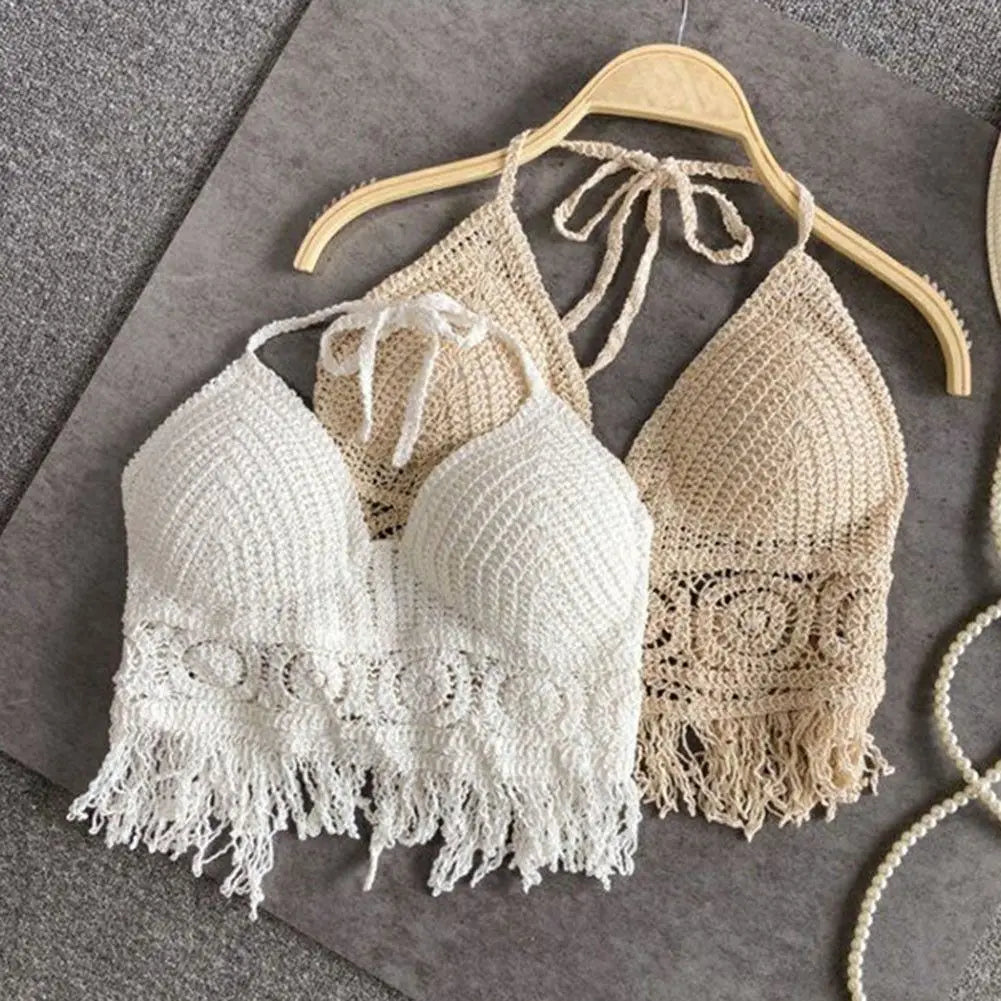Women Crochet Halter Top Summer Beach Knit Crop Tank Fringe Boho Lace Up Backless Cami Blouse Festival Vacation Wear