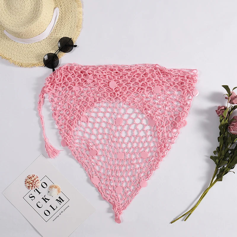 Women's Handmade Crochet Triangle Mesh Shawl With Sequins Sexy Beach Sunscreen Skirt Summer Hollow Out Swimsuit Cover Ups