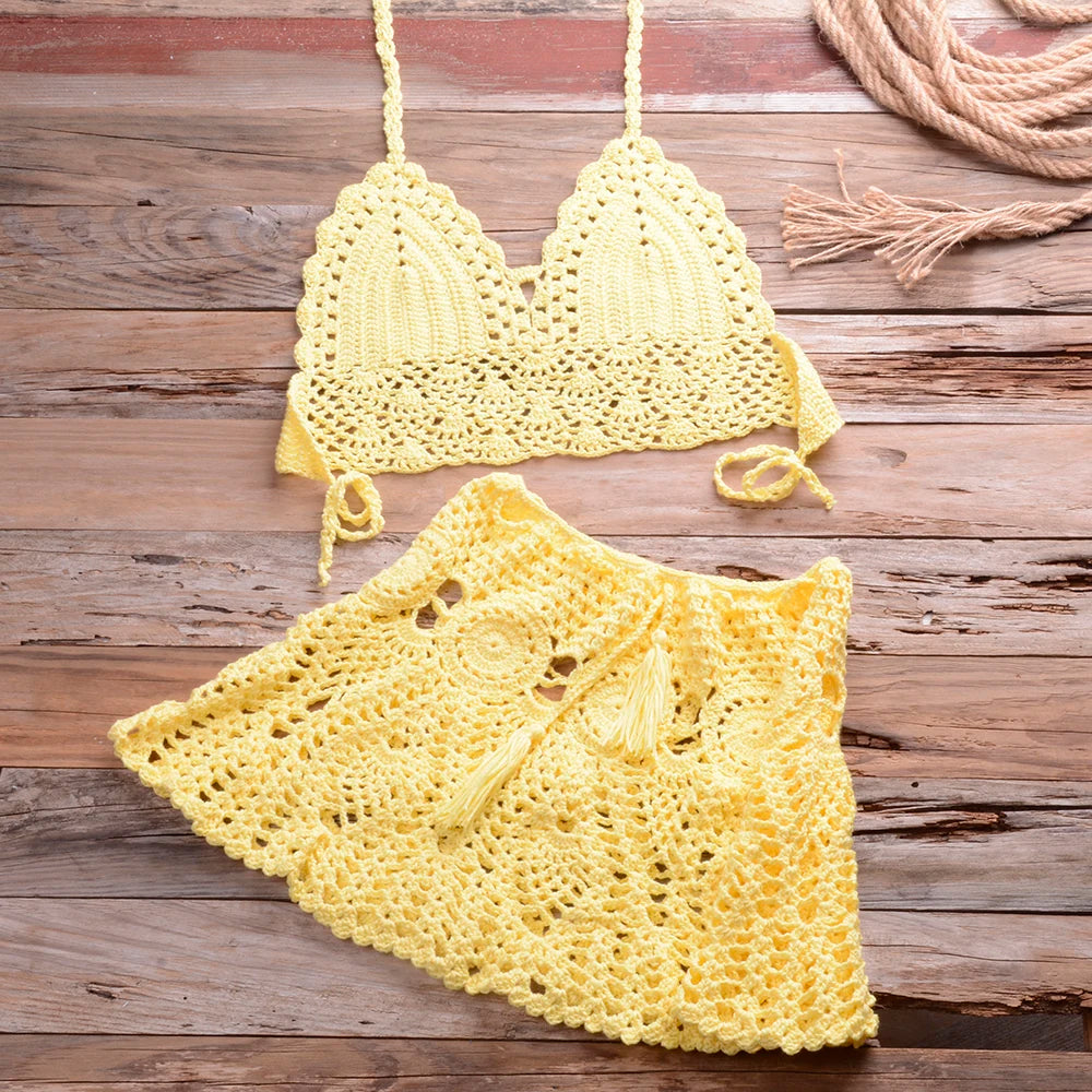 CROCHET BIKINI Two-piece Crochet Women Bikini Set Cover Up Swimsuit Swim Skirt Swimwear Bathing Swimdress Beachwear