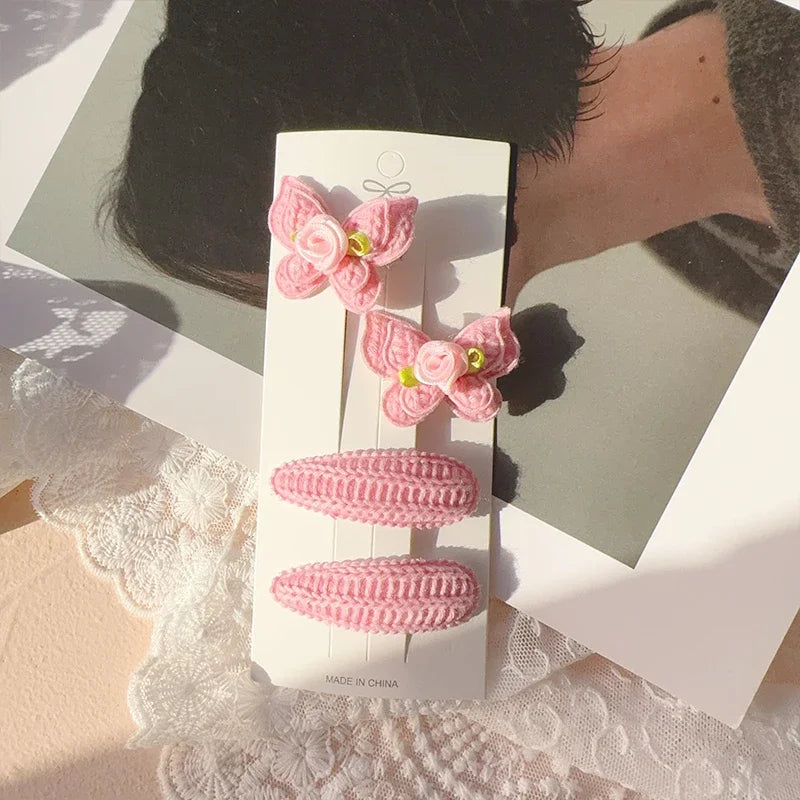 4pcs Sweet and Cute Children's Hair Clip Wool Knitting Headwear Handmade Crochet Butterfly Alloy Children Hairpins Wholesale