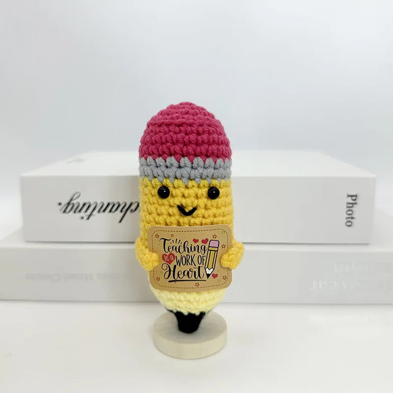 Funny Positive Crochet Sunshine Doll Desktop Ornament Handmade Cheer Emotional Support Positive Sun with Card Home Party Decor
