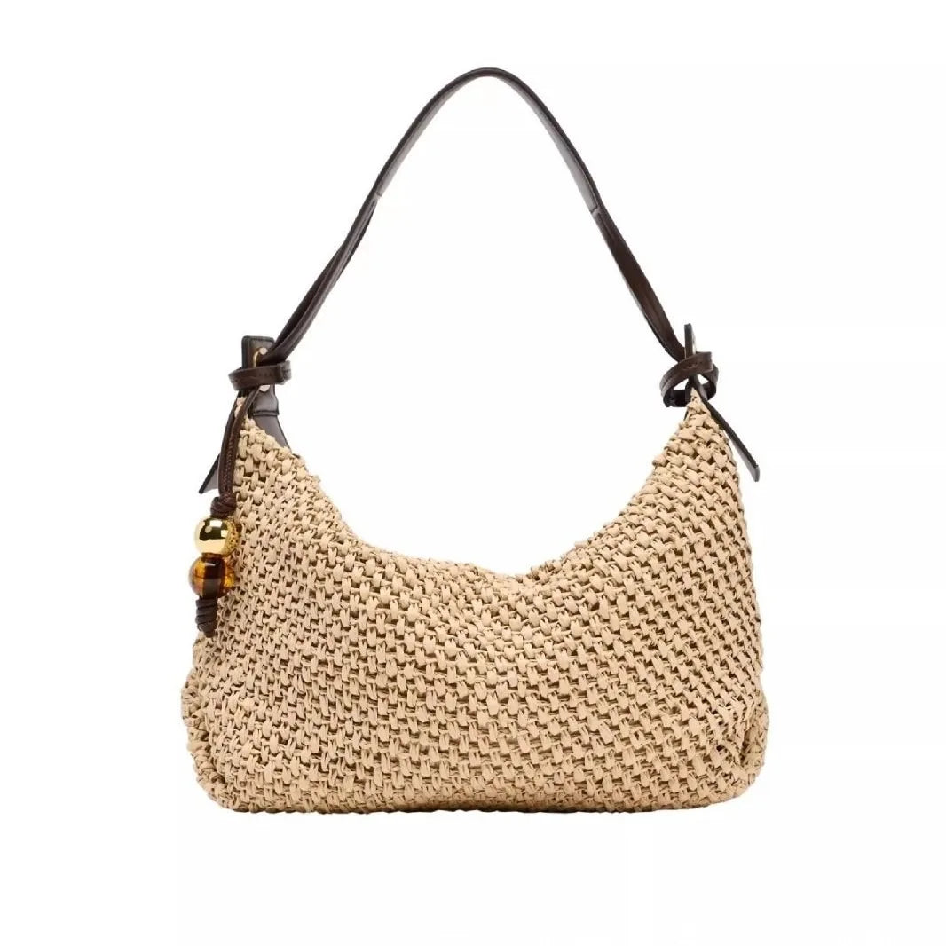 Casual Hobos Straw Bag Designer Woven Women Shoulder Bags Vintage Bead Deco Handbags Handmade Summer Beach Bag Small Tote Purses