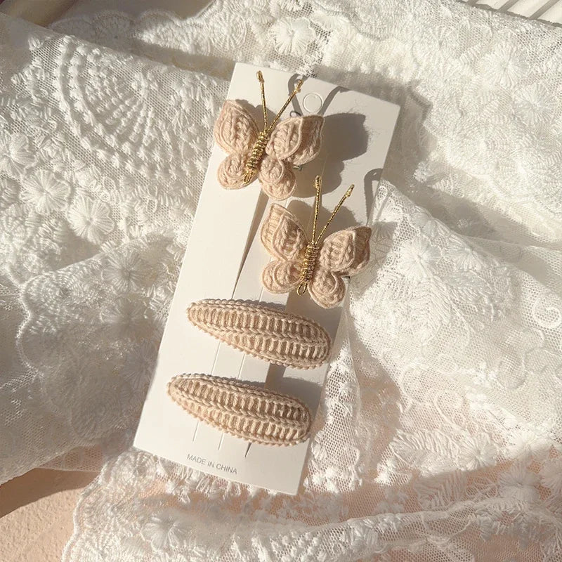 4pcs Sweet and Cute Children's Hair Clip Wool Knitting Headwear Handmade Crochet Butterfly Alloy Children Hairpins Wholesale