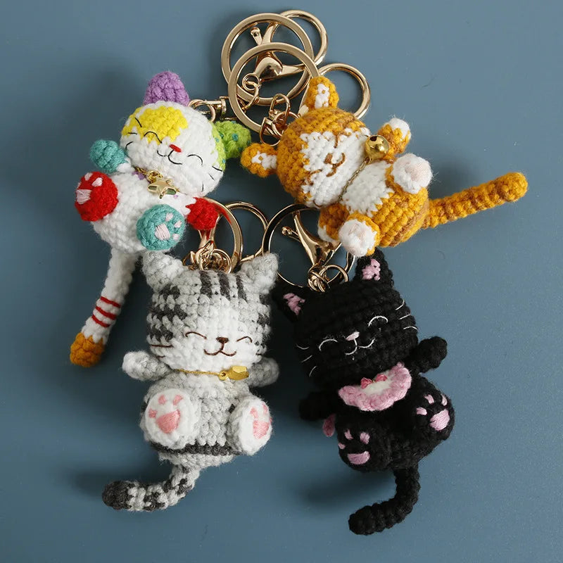 Cute Lucky Cat Doll Crochet Keyrings Handmake Kawaii Kitten Knitted Keyrings For Bag Pendant Crochet Kitten Keychain Wholesale