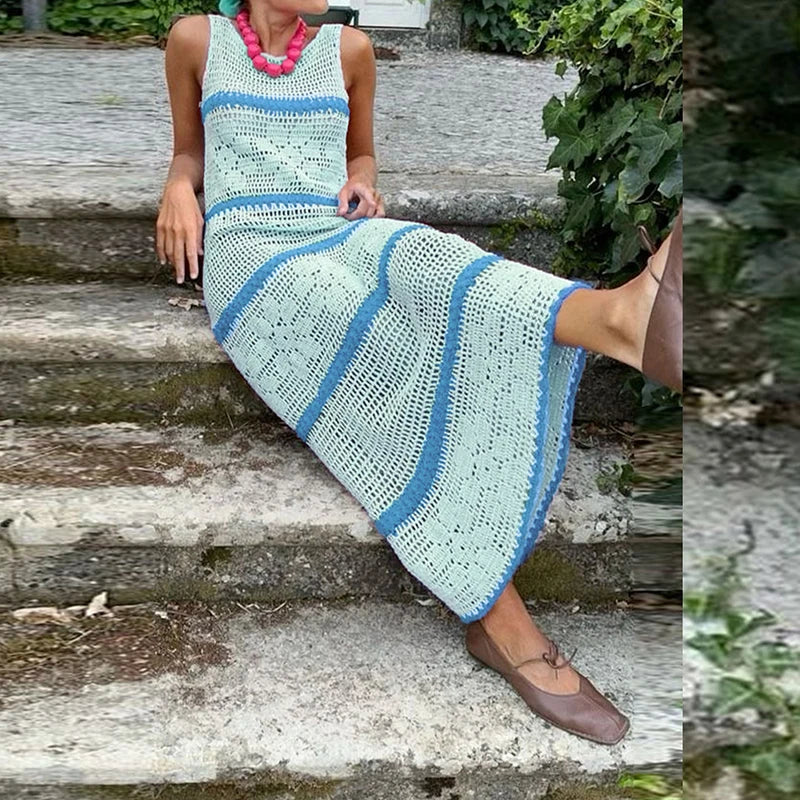 Vestidos Sexy Crochet Hook Knitted Dress Woman O-Neck Striped Print Hollow Long Dress 2025 Summer Sleeveless Holiday Beach Dress