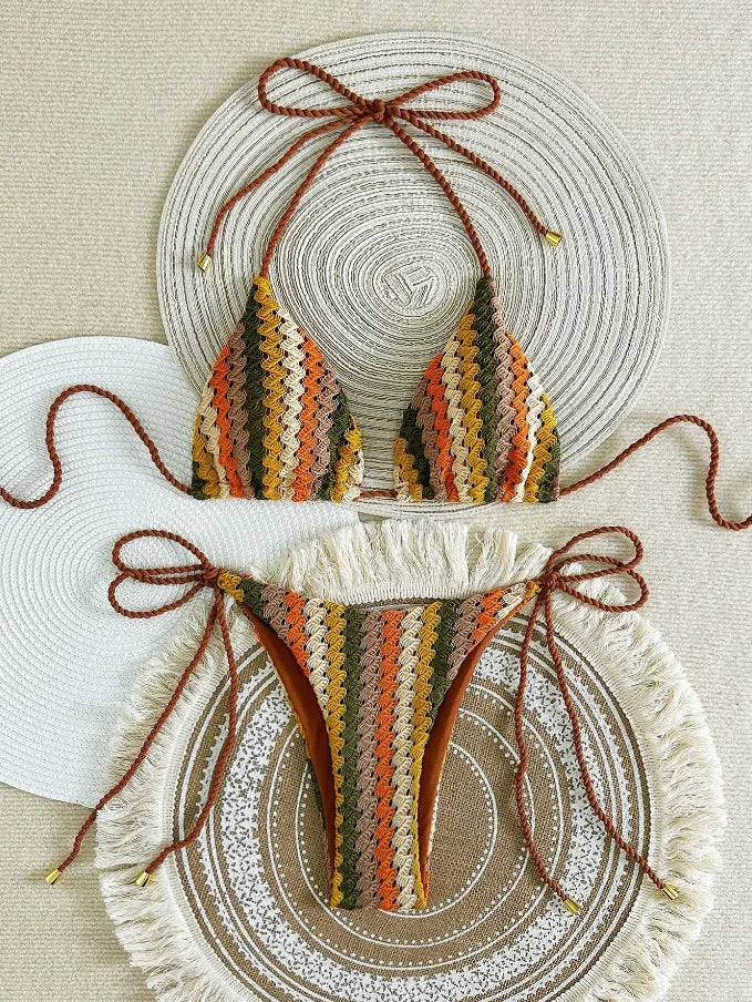 Para Praia Crochet Halter Bikini 2025 Knitted Bikini Women Swimwear Sexy Women Swimsuit Brazilian Biquini Bandage Bathing Suit