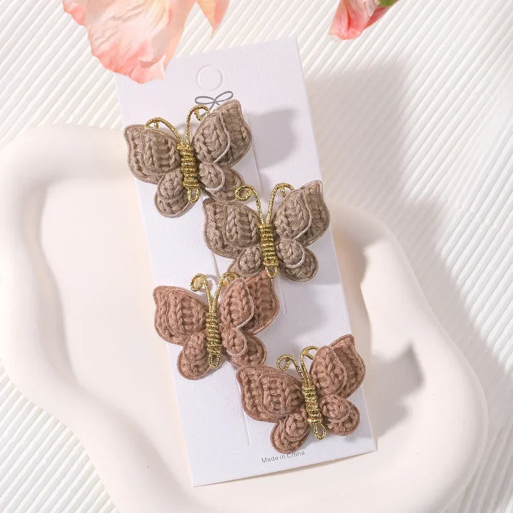 4pcs/set New Cute Baby Girls Wool Knitting Headwear Handmade Crochet Butterfly Alloy Hairs Clips Children Hairpins Wholesale