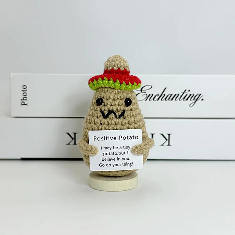 Funny Positive Crochet Sunshine Doll Desktop Ornament Handmade Cheer Emotional Support Positive Sun with Card Home Party Decor