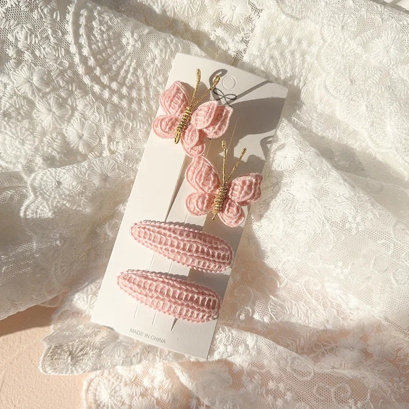 4pcs Sweet and Cute Children's Hair Clip Wool Knitting Headwear Handmade Crochet Butterfly Alloy Children Hairpins Wholesale