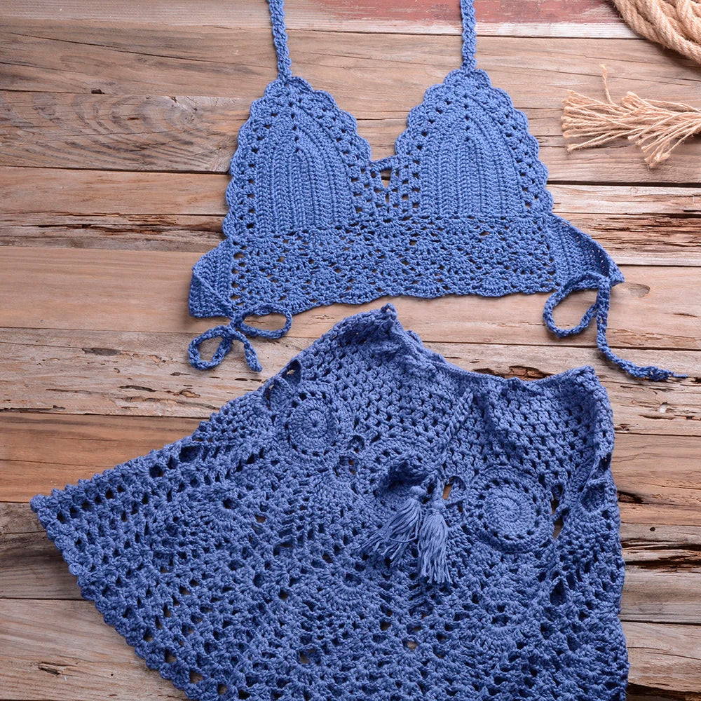 CROCHET BIKINI Two-piece Crochet Women Bikini Set Cover Up Swimsuit Swim Skirt Swimwear Bathing Swimdress Beachwear