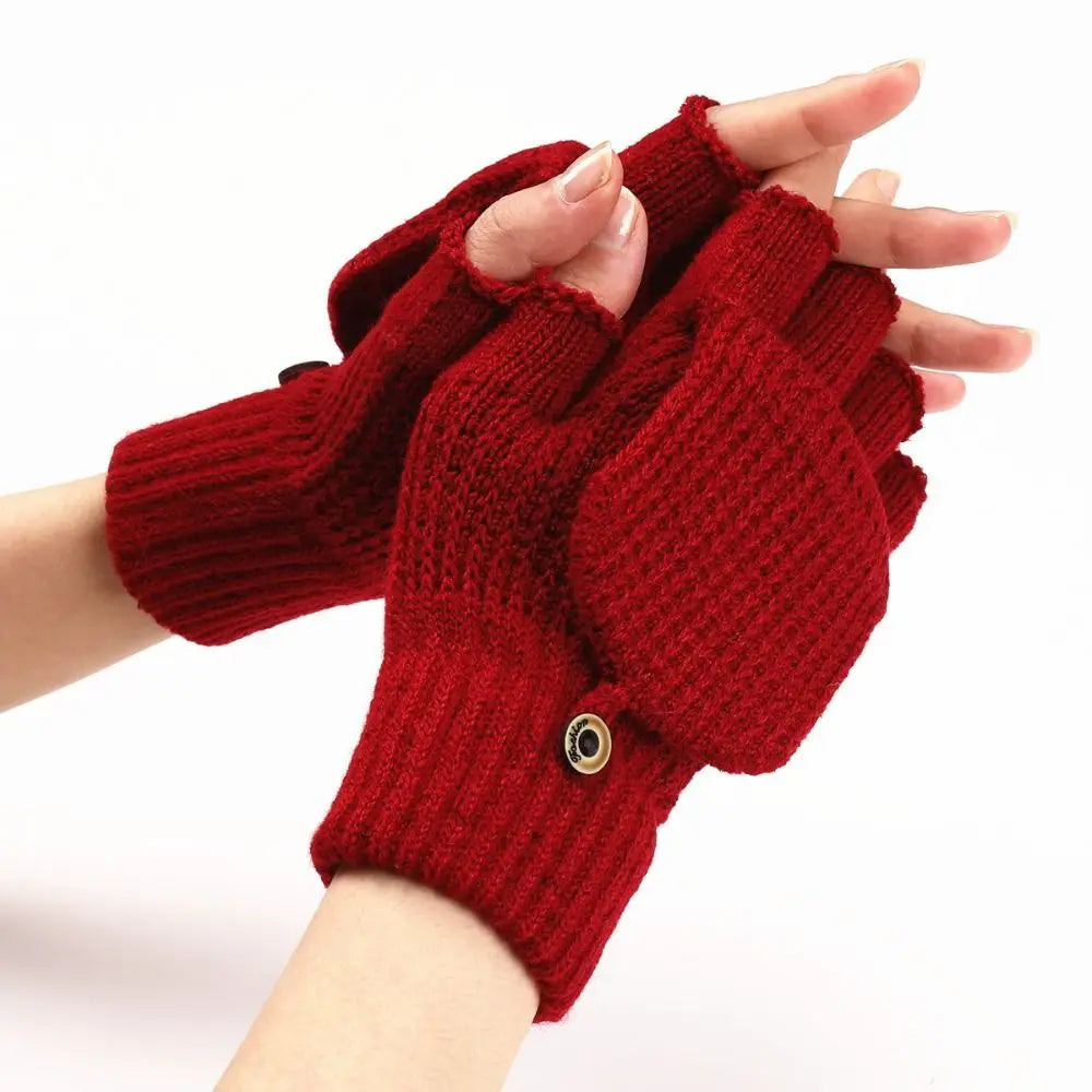 1 Pair Knitted Thicken Flip Cover Gloves Classic Solid Color Exposed Gloves Soft Crochet Fingerless Mittens Winter Warm Mittens